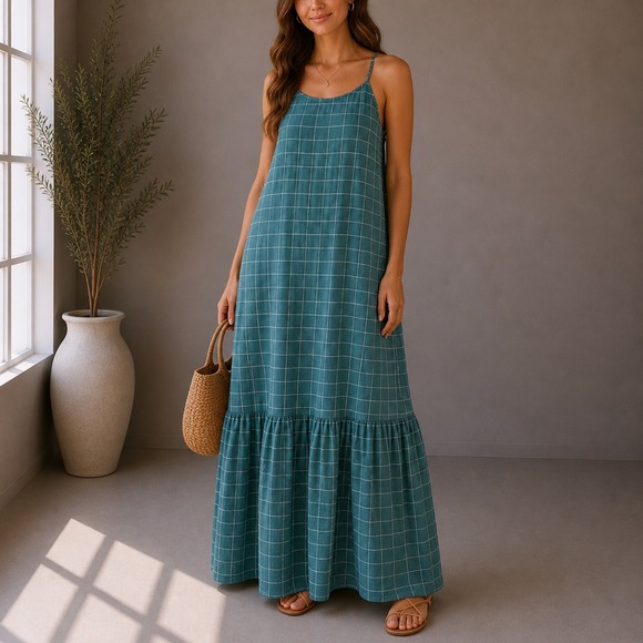 Unbranded Dresses & Skirts - Cottagecore Windowpane Maxi Dress Women Small Teal Tiered Boho Summer